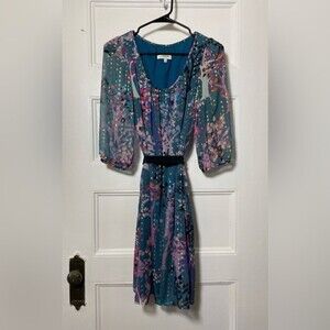 Tibi New York | Tree Print Silk Blend Mini Dress Teal/Pink Gold Accent Sz 2